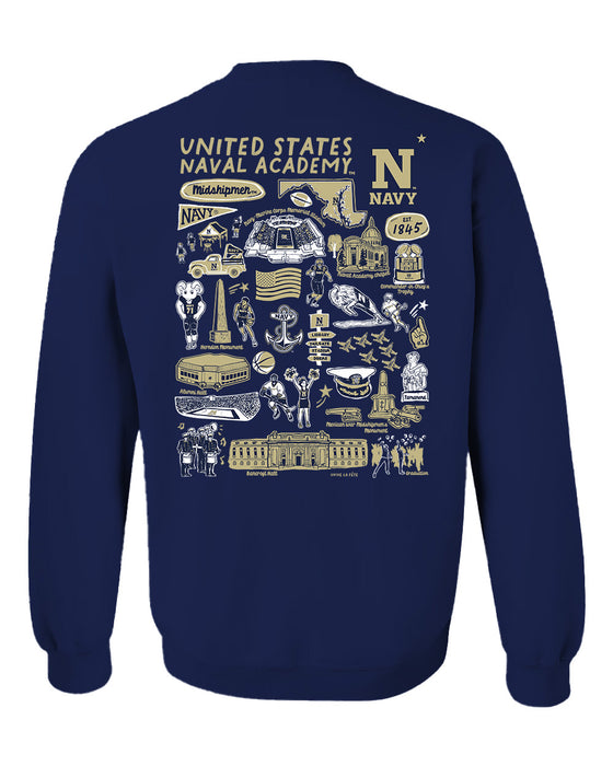 US Naval Academy Midshipmen Hand Sketched Artwork Navy Crewneck Sweatshirt for Women - Vive La Fête - Online Apparel Store