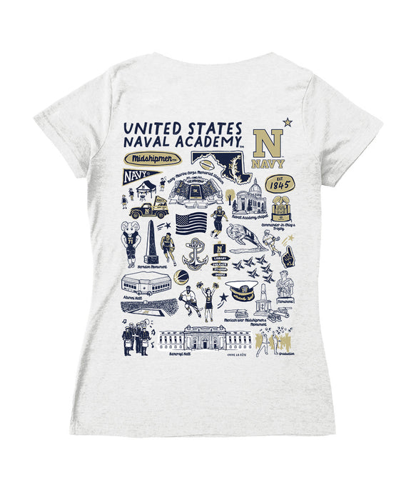US Naval Academy Midshipmen Hand Sketched Vive La Fete Impressions Artwork Navy Women Cotton Short Sleeve V-Neck Tshirt