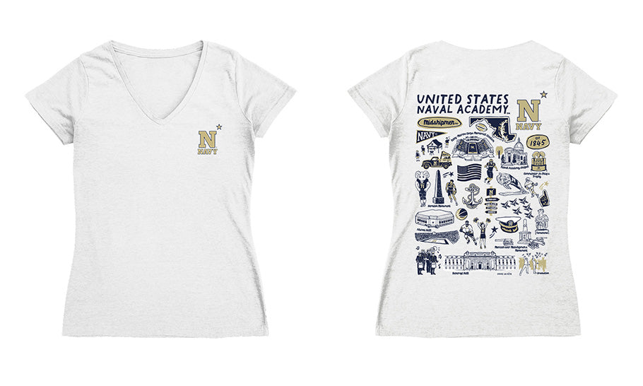 US Naval Academy Midshipmen Hand Sketched Vive La Fete Impressions Artwork Navy Women Cotton Short Sleeve V-Neck Tshirt