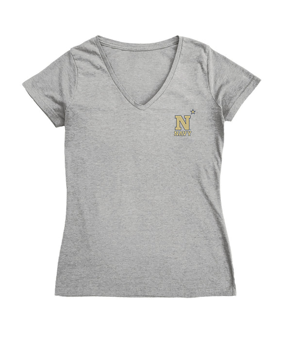 US Naval Academy Midshipmen Hand Sketched Vive La Fete Impressions Artwork Grey Women Cotton Short Sleeve V-Neck Tshirt