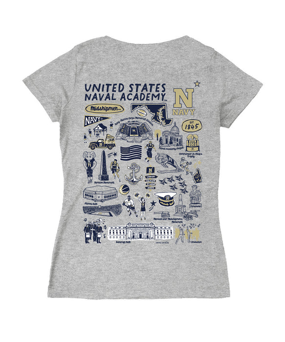 US Naval Academy Midshipmen Hand Sketched Vive La Fete Impressions Artwork Navy Women Cotton Short Sleeve V-Neck Tshirt