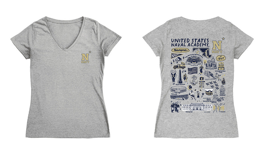 US Naval Academy Midshipmen Hand Sketched Vive La Fete Impressions Artwork Navy Women Cotton Short Sleeve V-Neck Tshirt