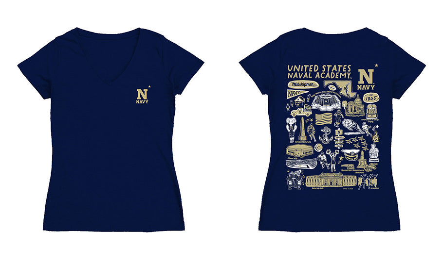 US Naval Academy Midshipmen Hand Sketched Vive La Fete Impressions Artwork Navy Women Cotton Short Sleeve V-Neck Tshirt