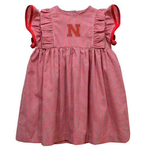 University of Nebraska Huskers Embroidered Cardinal Red Gingham Ruffle Dress