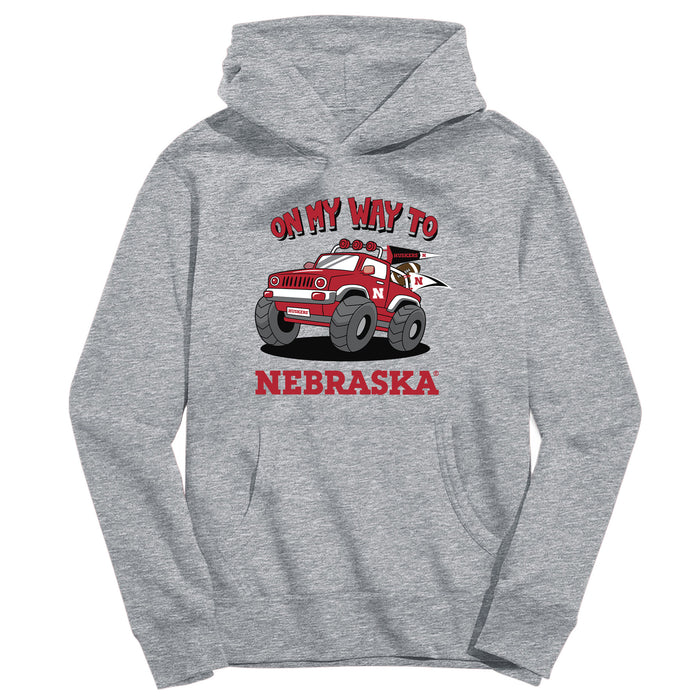 University of Nebraska Huskers On My Way Monster Truck Heather Grey Cotton Youth Hoodie