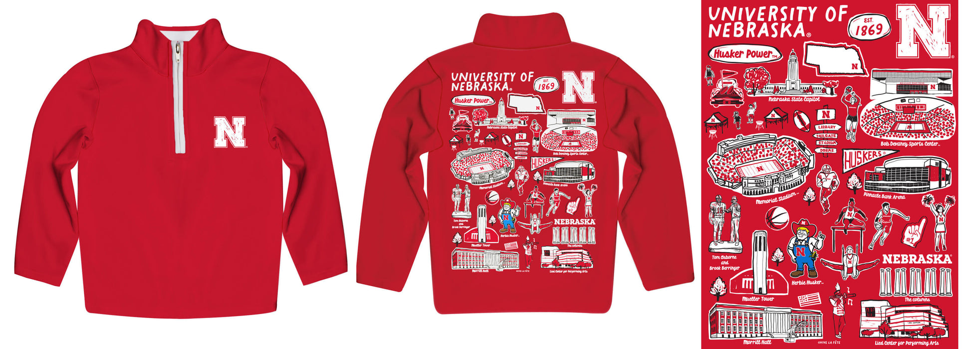 University of Nebraska Huskers Hand Sketched Vive La Fete Impressions Artwork Red Boys Quarter Zip Pullover V1 - Vive La Fête - Online Apparel Store