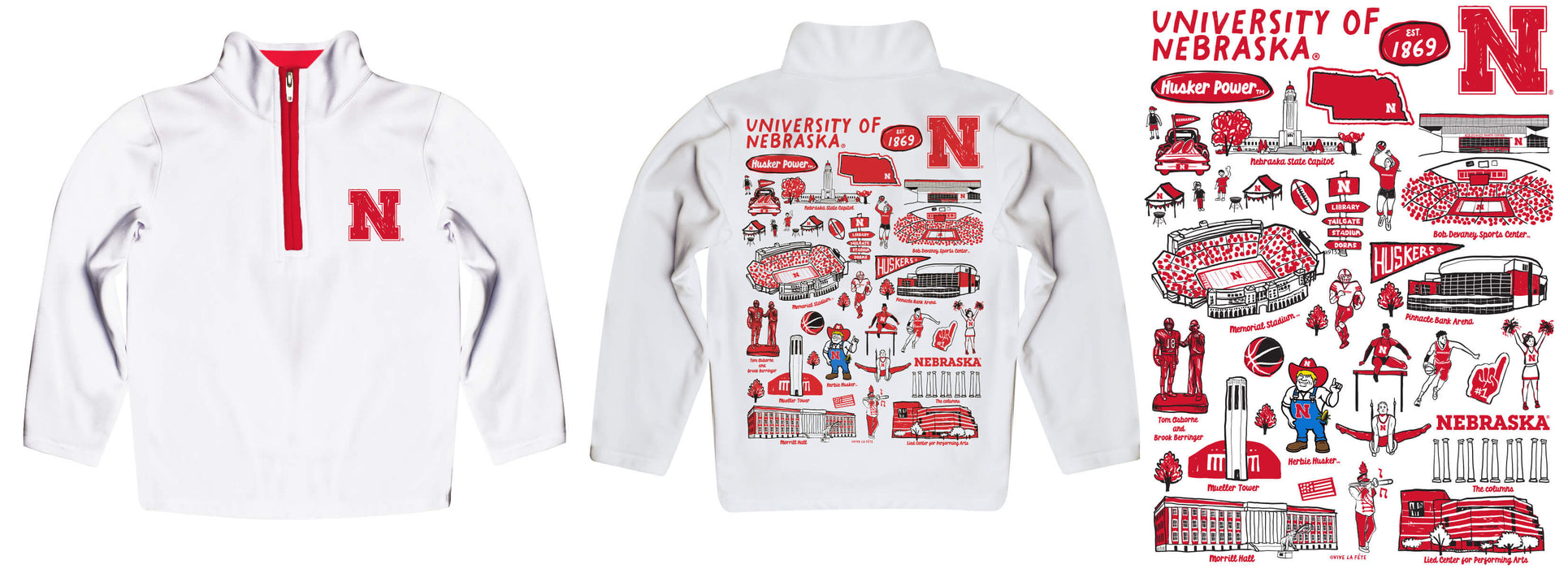 University of Nebraska Huskers Hand Sketched Vive La Fete Impressions Artwork White Boys Quarter Zip Pullover V1 - Vive La Fête - Online Apparel Store