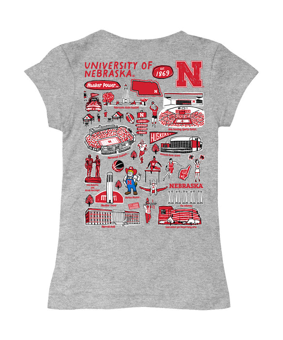 University of Nebraska Huskers Hand Sketched Vive La Fete Impressions Artwork Grey Girls Cotton Short Sleeve Tee - Vive La Fête - Online Apparel Store