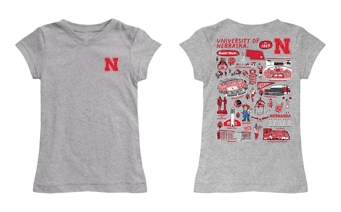 University of Nebraska Huskers Hand Sketched Vive La Fete Impressions Artwork Grey Girls Cotton Short Sleeve Tee - Vive La Fête - Online Apparel Store