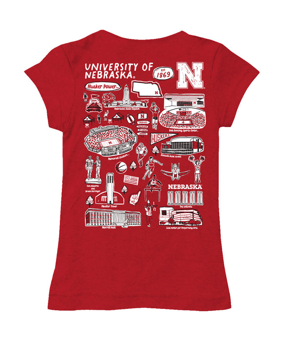 University of Nebraska Huskers Hand Sketched Vive La Fete Impressions Artwork Red Girls Cotton Short Sleeve Tee - Vive La Fête - Online Apparel Store