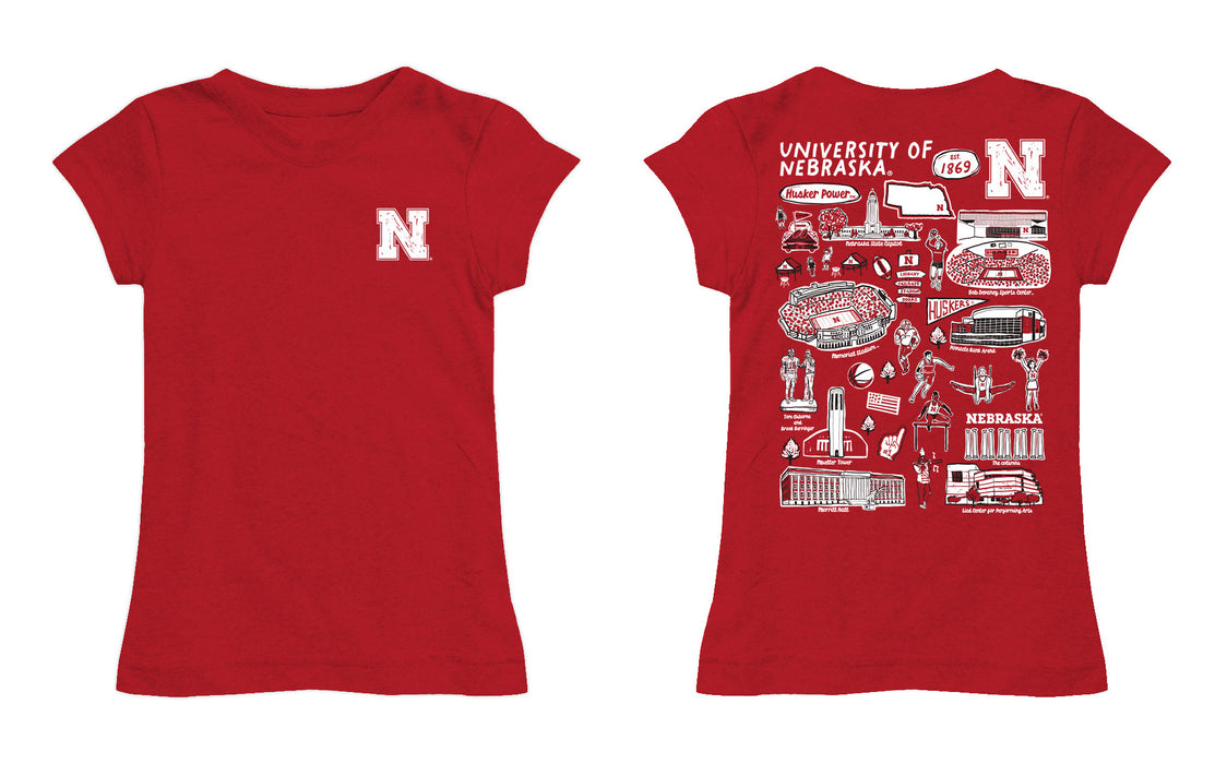University of Nebraska Huskers Hand Sketched Vive La Fete Impressions Artwork Red Girls Cotton Short Sleeve Tee - Vive La Fête - Online Apparel Store