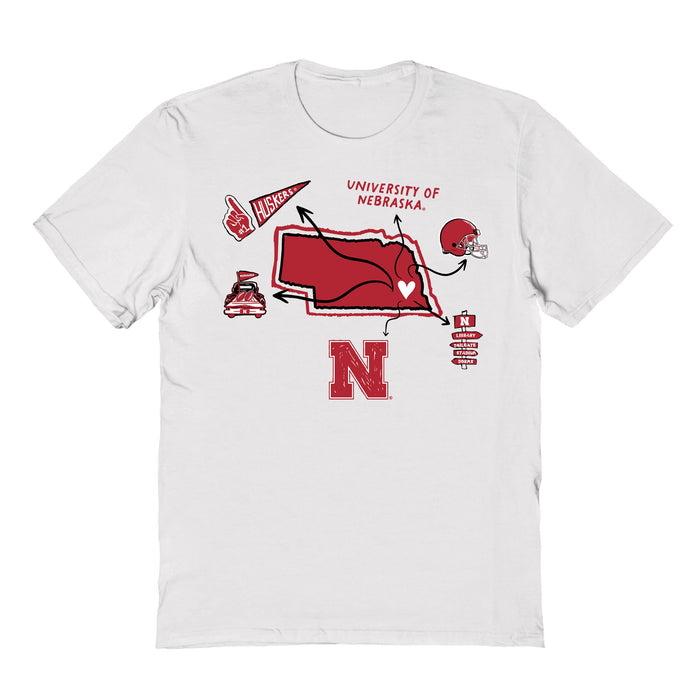University of Nebraska Huskers Hand Sketched Vive La Fete Impressions Icones Kids White T-shirt