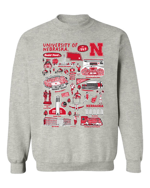 University of Nebraska Huskers Hand Sketched Vive La Fete Impressions Grey Cotton Crewneck Sweatshirt for Women