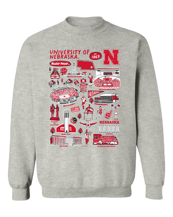 University of Nebraska Huskers Hand Sketched Vive La Fete Impressions Grey Cotton Crewneck Sweatshirt for Women
