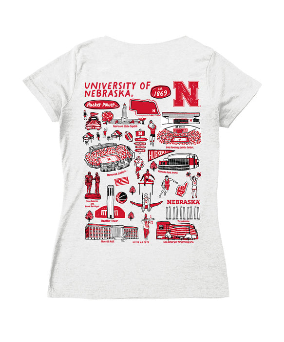 Nebraska Huskers Hand Sketched Vive La Fete Impressions Artwork Red Women Cotton Short Sleeve V-Neck Tshirt