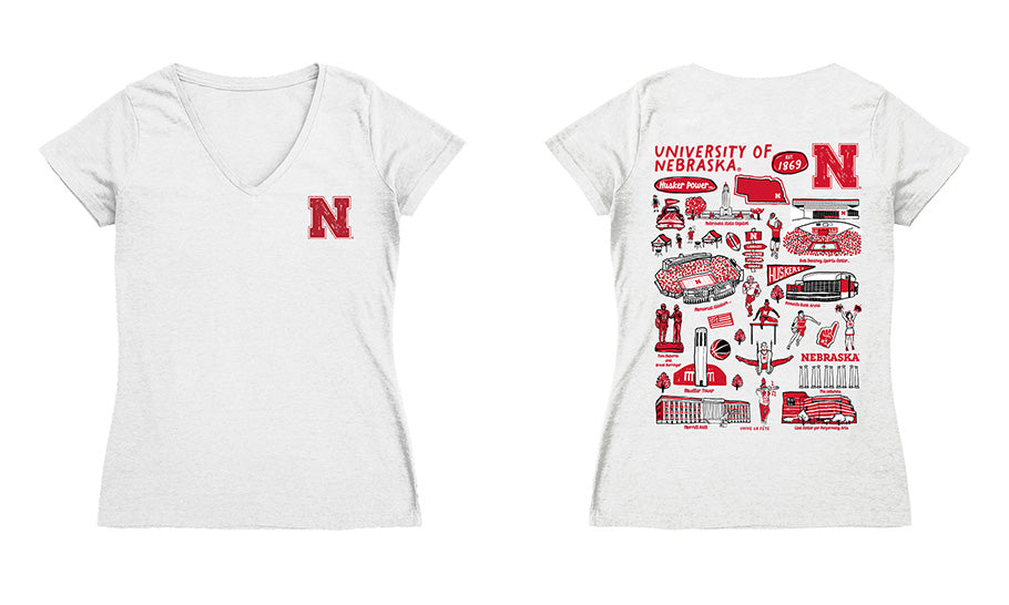 Nebraska Huskers Hand Sketched Vive La Fete Impressions Artwork Red Women Cotton Short Sleeve V-Neck Tshirt