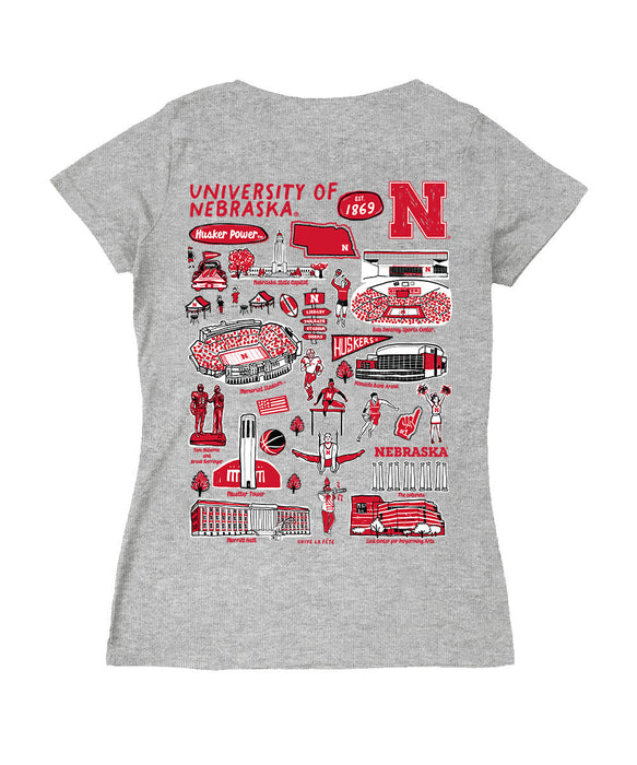 Nebraska Huskers Hand Sketched Vive La Fete Impressions Artwork Red Women Cotton Short Sleeve V-Neck Tshirt