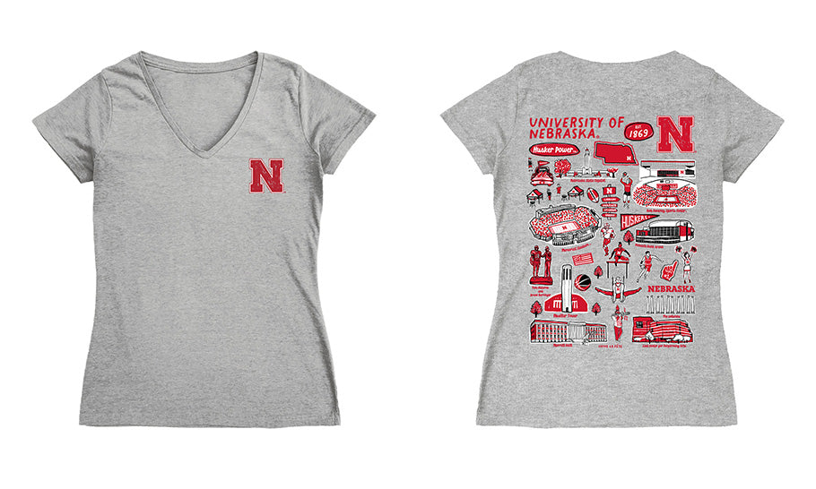 Nebraska Huskers Hand Sketched Vive La Fete Impressions Artwork Red Women Cotton Short Sleeve V-Neck Tshirt