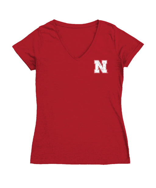 Nebraska Huskers Hand Sketched Vive La Fete Impressions Artwork Red Women Cotton Short Sleeve V-Neck Tshirt