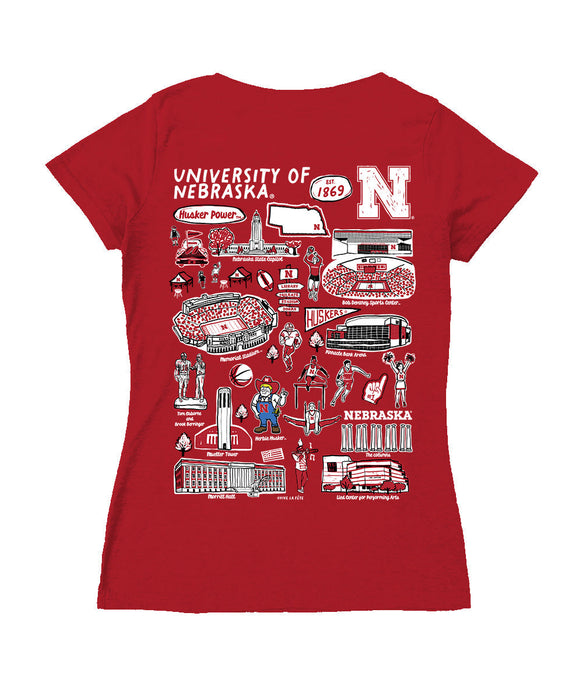 Nebraska Huskers Hand Sketched Vive La Fete Impressions Artwork Red Women Cotton Short Sleeve V-Neck Tshirt