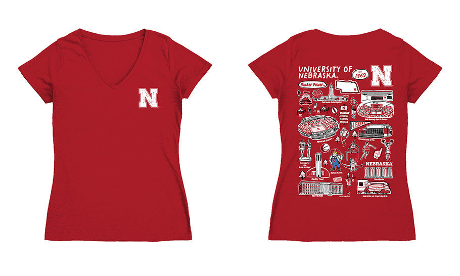 Nebraska Huskers Hand Sketched Vive La Fete Impressions Artwork Red Women Cotton Short Sleeve V-Neck Tshirt