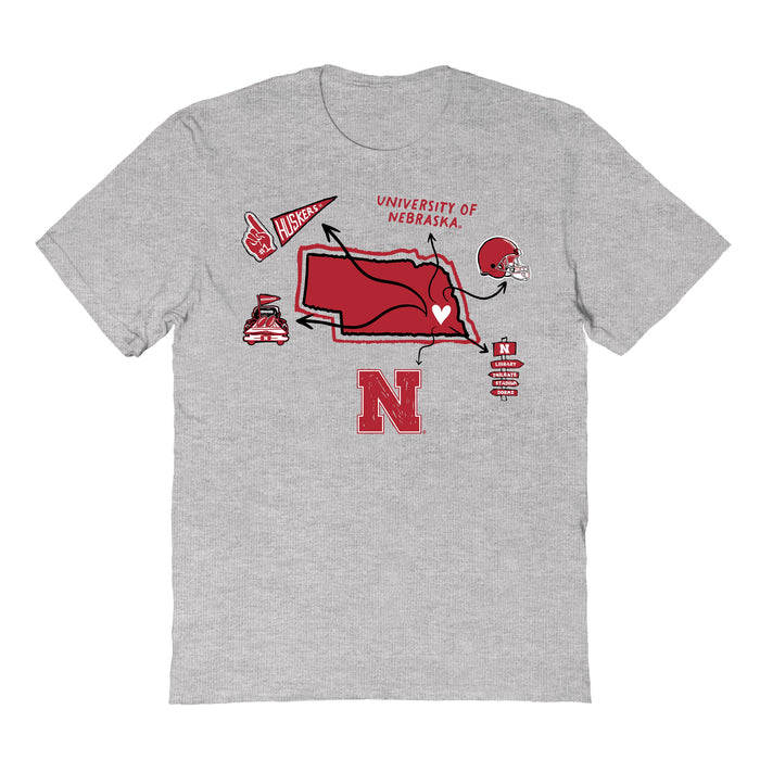 University of Nebraska Huskers Hand Sketched Vive La Fete Impressions Icones Grey T-shirt for Women