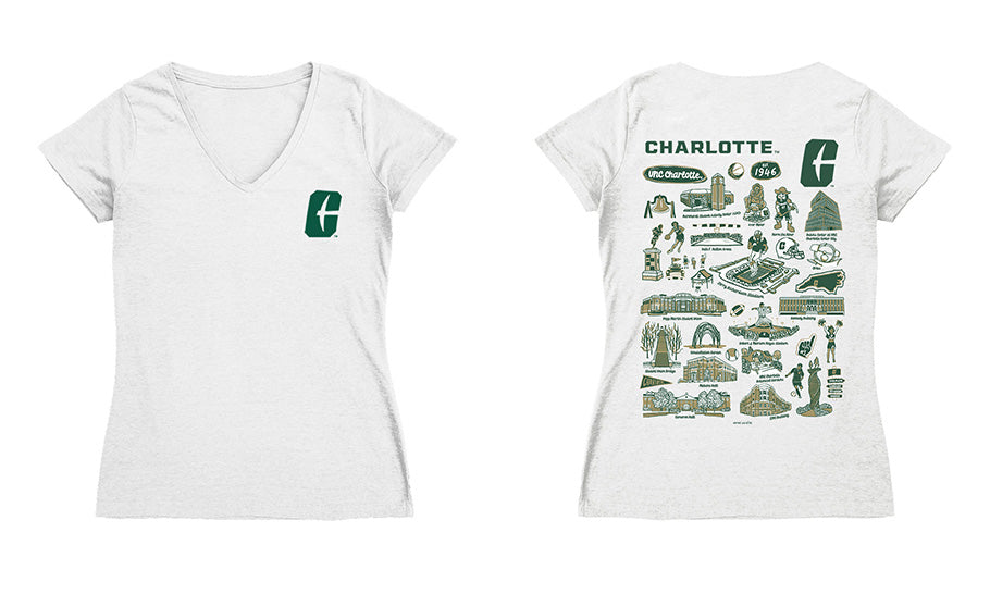 UNC Charlotte 49ers Hand Sketched Vive La Fete Impressions Artwork Green Women Cotton Short Sleeve V-Neck Tshirt