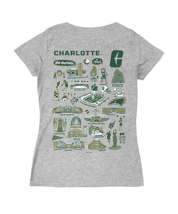 UNC Charlotte 49ers Hand Sketched Vive La Fete Impressions Artwork Green Women Cotton Short Sleeve V-Neck Tshirt
