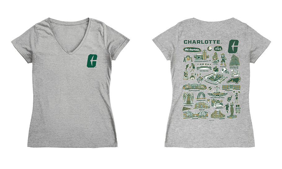 UNC Charlotte 49ers Hand Sketched Vive La Fete Impressions Artwork Green Women Cotton Short Sleeve V-Neck Tshirt