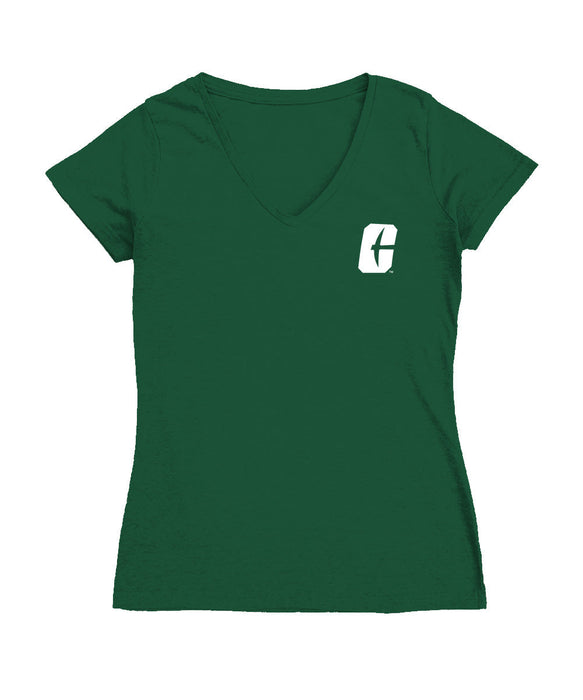 UNC Charlotte 49ers Hand Sketched Vive La Fete Impressions Artwork Green Women Cotton Short Sleeve V-Neck Tshirt
