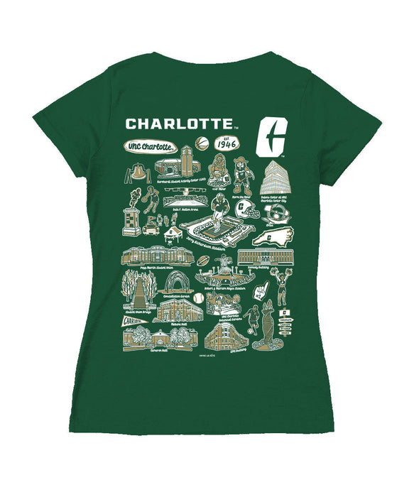 UNC Charlotte 49ers Hand Sketched Vive La Fete Impressions Artwork Green Women Cotton Short Sleeve V-Neck Tshirt