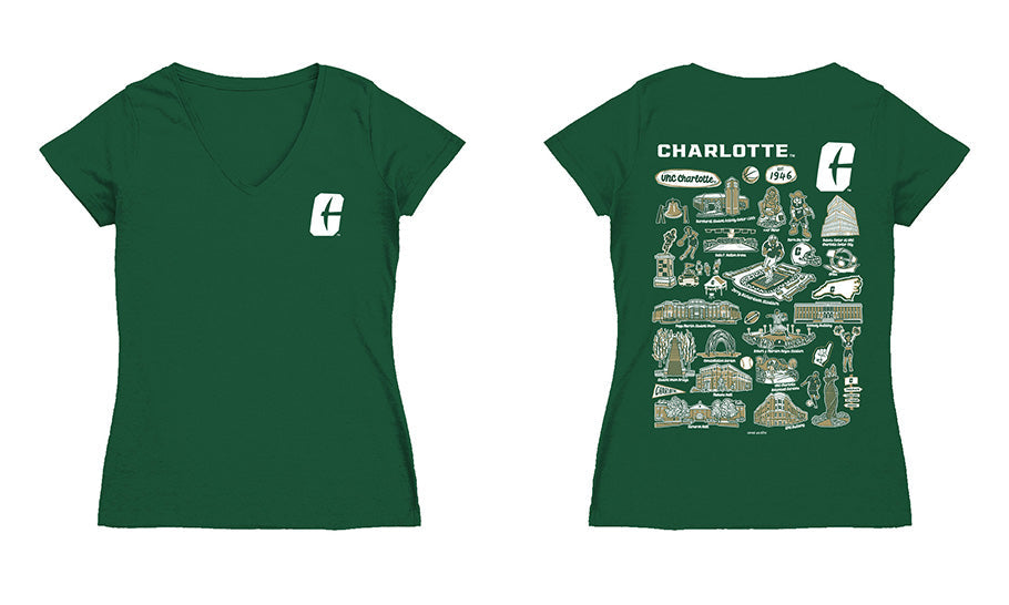UNC Charlotte 49ers Hand Sketched Vive La Fete Impressions Artwork Green Women Cotton Short Sleeve V-Neck Tshirt