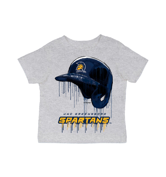 UNC Greensboro Spartans UNCG Original Dripping Baseball Helmet Grey Cotton T-Shirt  by Vive La Fete