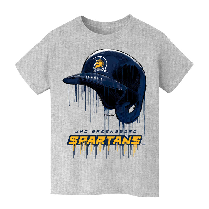 UNC Greensboro Spartans UNCG Original Dripping Baseball Helmet Grey Cotton T-Shirt  by Vive La Fete