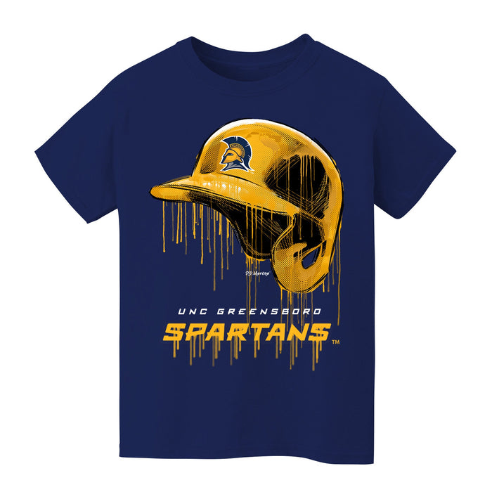 UNC Greensboro Spartans UNCG Original Dripping Baseball Helmet Navy T-Shirt Cotton by Vive La Fete