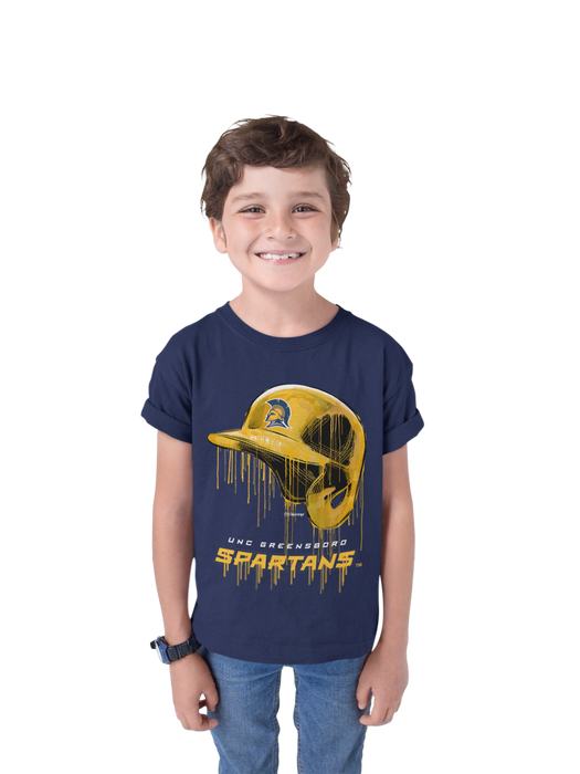 UNC Greensboro Spartans UNCG Original Dripping Baseball Helmet Navy T-Shirt Cotton by Vive La Fete - Vive La Fête - Online Apparel Store
