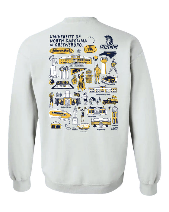 UNC Greensboro Spartans UNCG Hand Sketched Vive La Fete Impressions Artwork Navy Crew Neck Sweatshirt for Women - Vive La Fête - Online Apparel Store