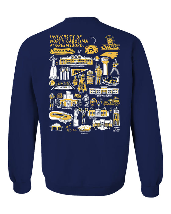 UNC Greensboro Spartans UNCG Hand Sketched Vive La Fete Impressions Artwork Navy Crew Neck Sweatshirt for Women - Vive La Fête - Online Apparel Store