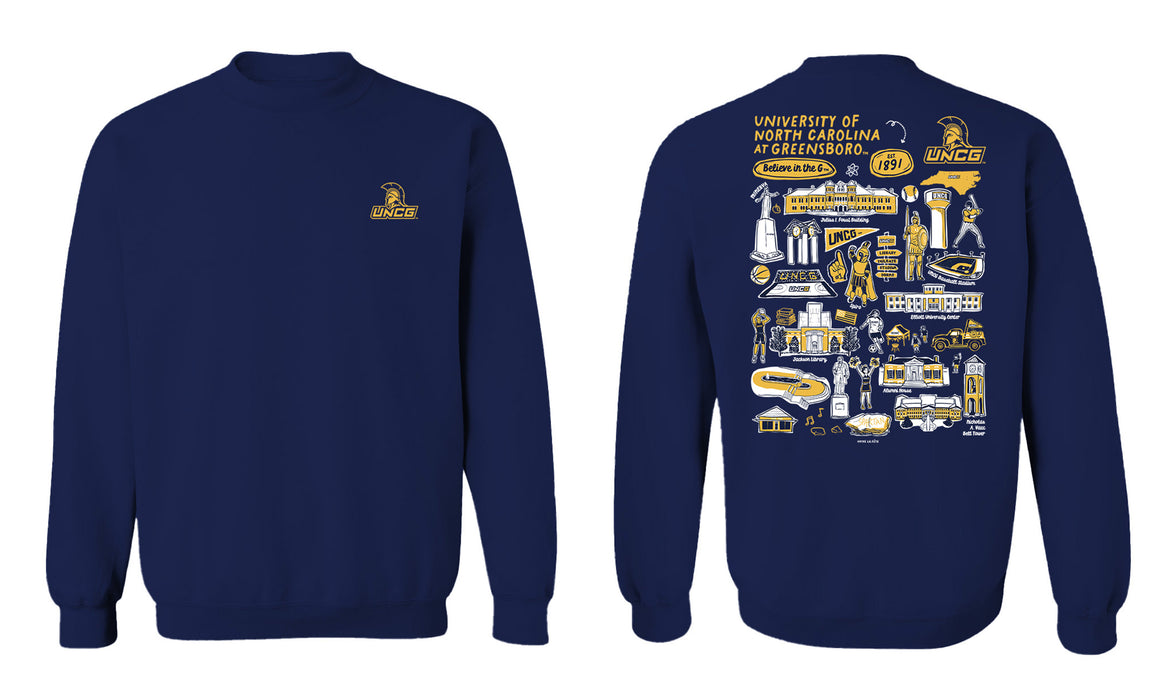 UNC Greensboro Spartans UNCG Hand Sketched Vive La Fete Impressions Artwork Navy Crew Neck Sweatshirt for Women - Vive La Fête - Online Apparel Store