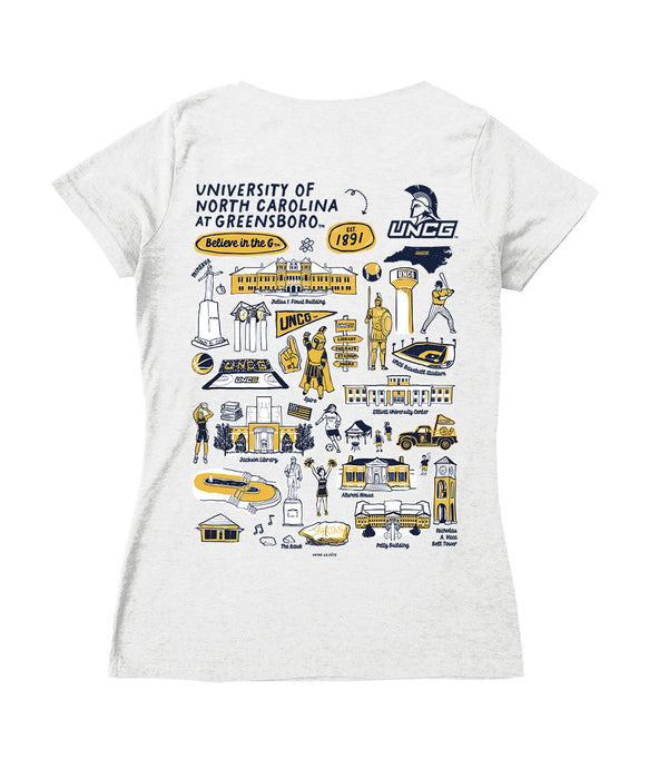 UNC Greensboro Spartans UNCG Hand Sketched Vive La Fete Impressions Artwork Navy Women Cotton Short Sleeve V-Neck Tshirt