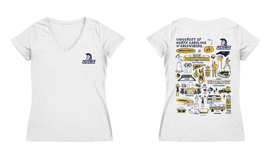 UNC Greensboro Spartans UNCG Hand Sketched Vive La Fete Impressions Artwork Navy Women Cotton Short Sleeve V-Neck Tshirt
