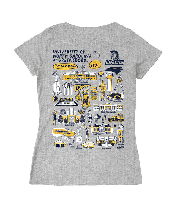 UNC Greensboro Spartans UNCG Hand Sketched Vive La Fete Impressions Artwork Navy Women Cotton Short Sleeve V-Neck Tshirt