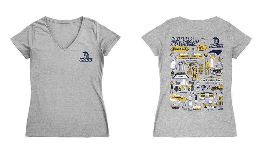 UNC Greensboro Spartans UNCG Hand Sketched Vive La Fete Impressions Artwork Navy Women Cotton Short Sleeve V-Neck Tshirt