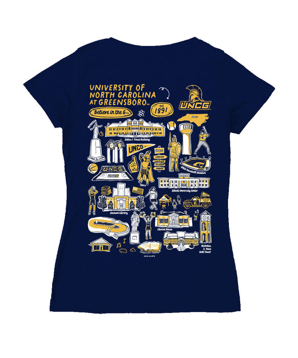 UNC Greensboro Spartans UNCG Hand Sketched Vive La Fete Impressions Artwork Navy Women Cotton Short Sleeve V-Neck Tshirt