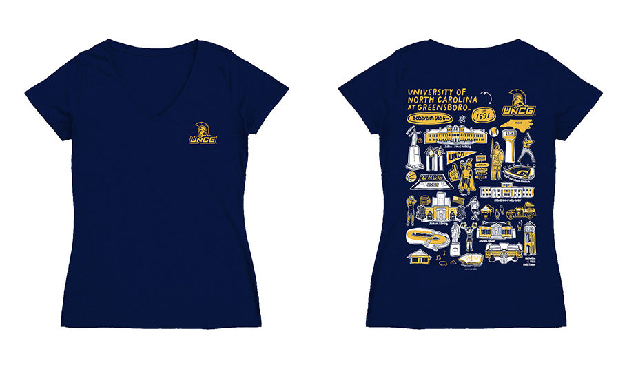 UNC Greensboro Spartans UNCG Hand Sketched Vive La Fete Impressions Artwork Navy Women Cotton Short Sleeve V-Neck Tshirt