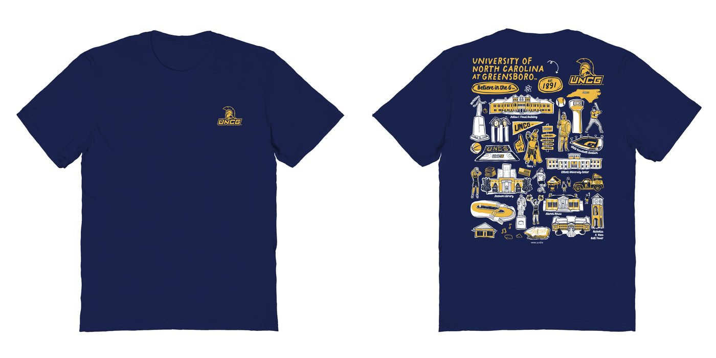 UNC Greensboro Spartans UNCG Vive La Fete Impressions Artwork Navy Womens Cotton Tshirt - Vive La Fête - Online Apparel Store