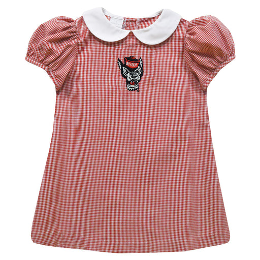 North Carolina State University Embroidered Cardinal Red Gingham Short Sleeve A Line Dress