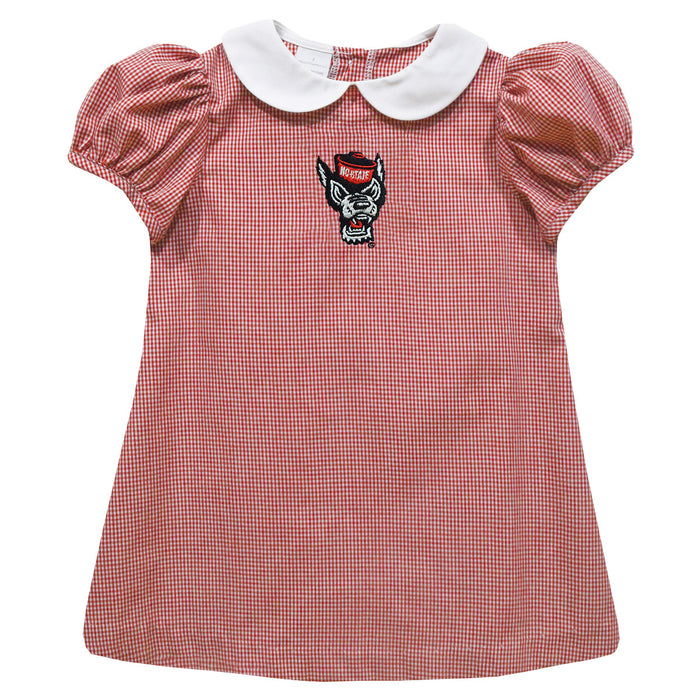North Carolina State University Embroidered Cardinal Red Gingham Short Sleeve A Line Dress