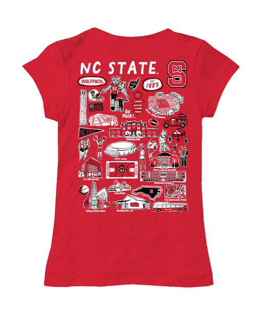 North Carolina State Wolfpacks Hand Sketched Vive La Fete Impressions Artwork Red Girls Cotton Short Sleeve Tee - Vive La Fête - Online Apparel Store