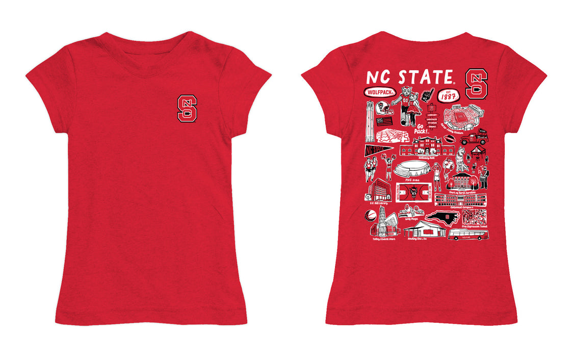 North Carolina State Wolfpacks Hand Sketched Vive La Fete Impressions Artwork Red Girls Cotton Short Sleeve Tee - Vive La Fête - Online Apparel Store